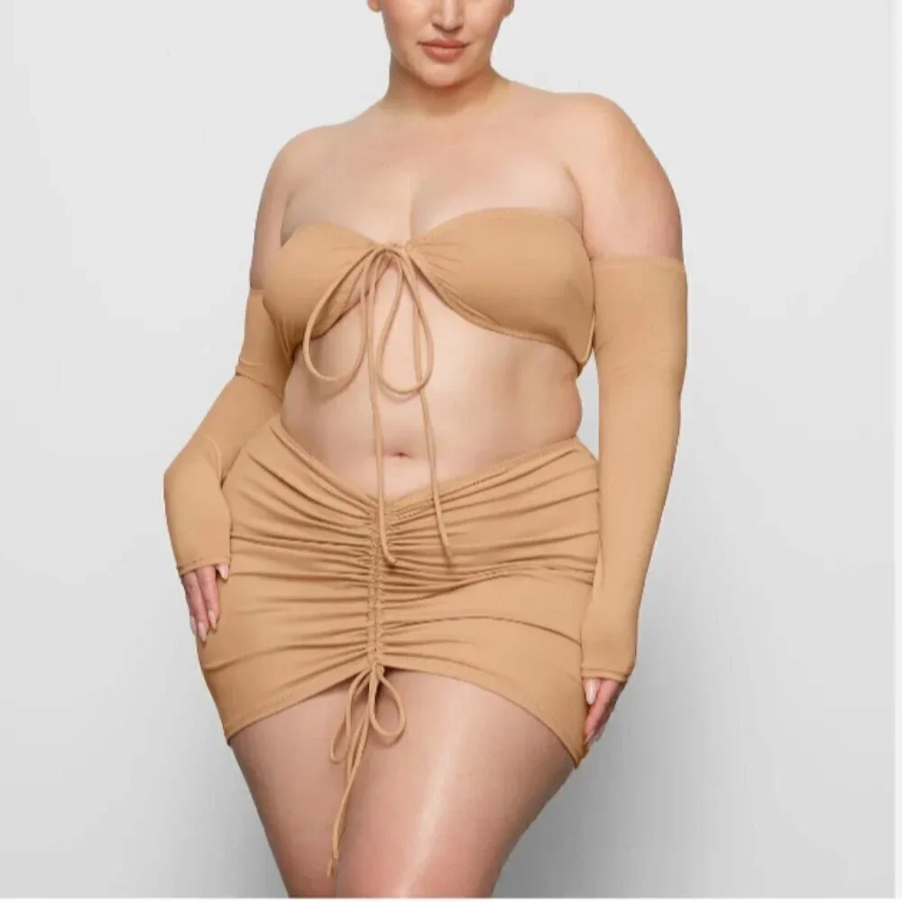 NWT SKIM Sexy Ruched Mini Skirt Cover-up Tight Fitting Almond Brown Size 2XL XXL